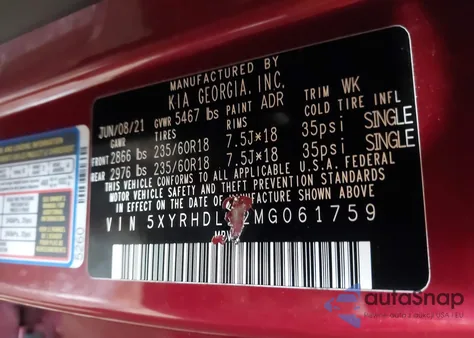 2021 Kia Sorento Ex from USA, damaged, VIN 5XYRHDLF2MG061759